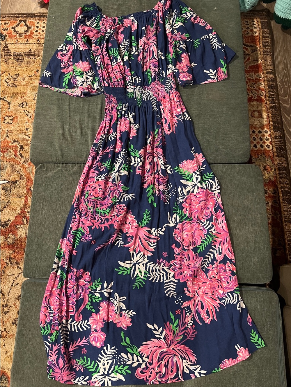 Lilly Pulitzer Raven Navy Floral Off-Shoulder Midi Dress Ruffle Your Feathers
